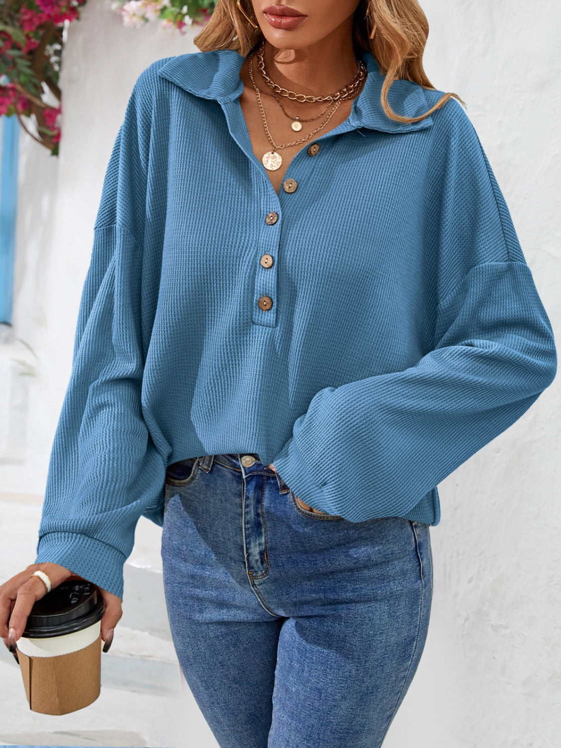 Half Button Collared Neck Long Sleeve Top – Trendsi | ClozArt