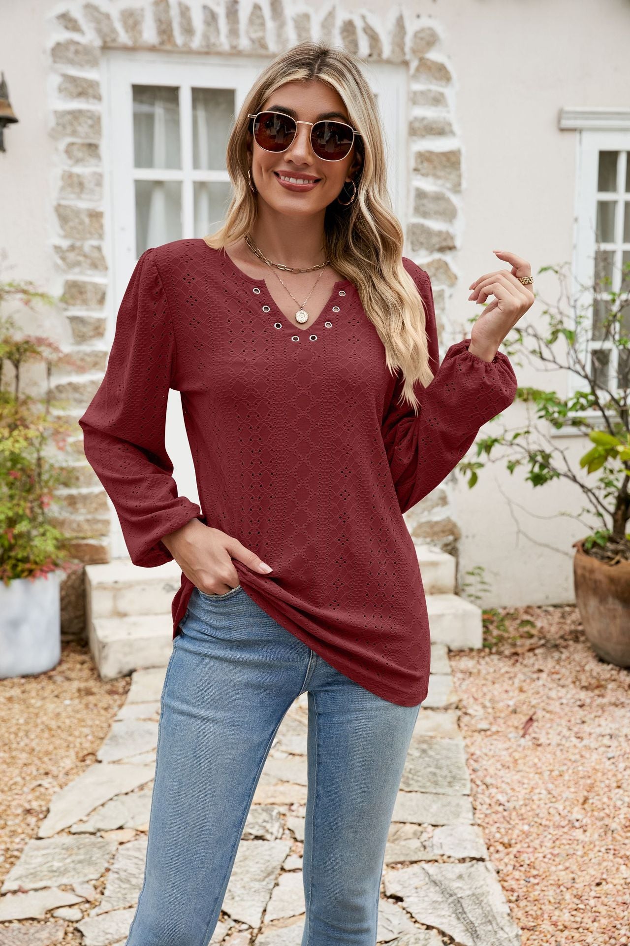 Eyelet Notched Neck Balloon Sleeve Blouse – Trendsi | ClozArt