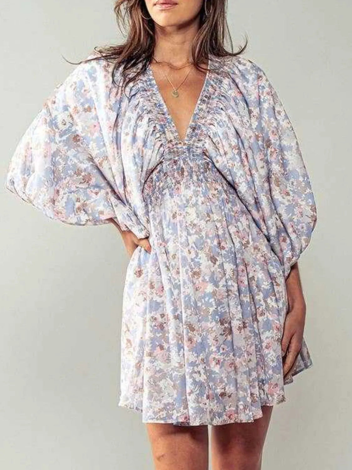 Floral V-Neck Balloon Sleeve Dress – Trendsi | ClozArt
