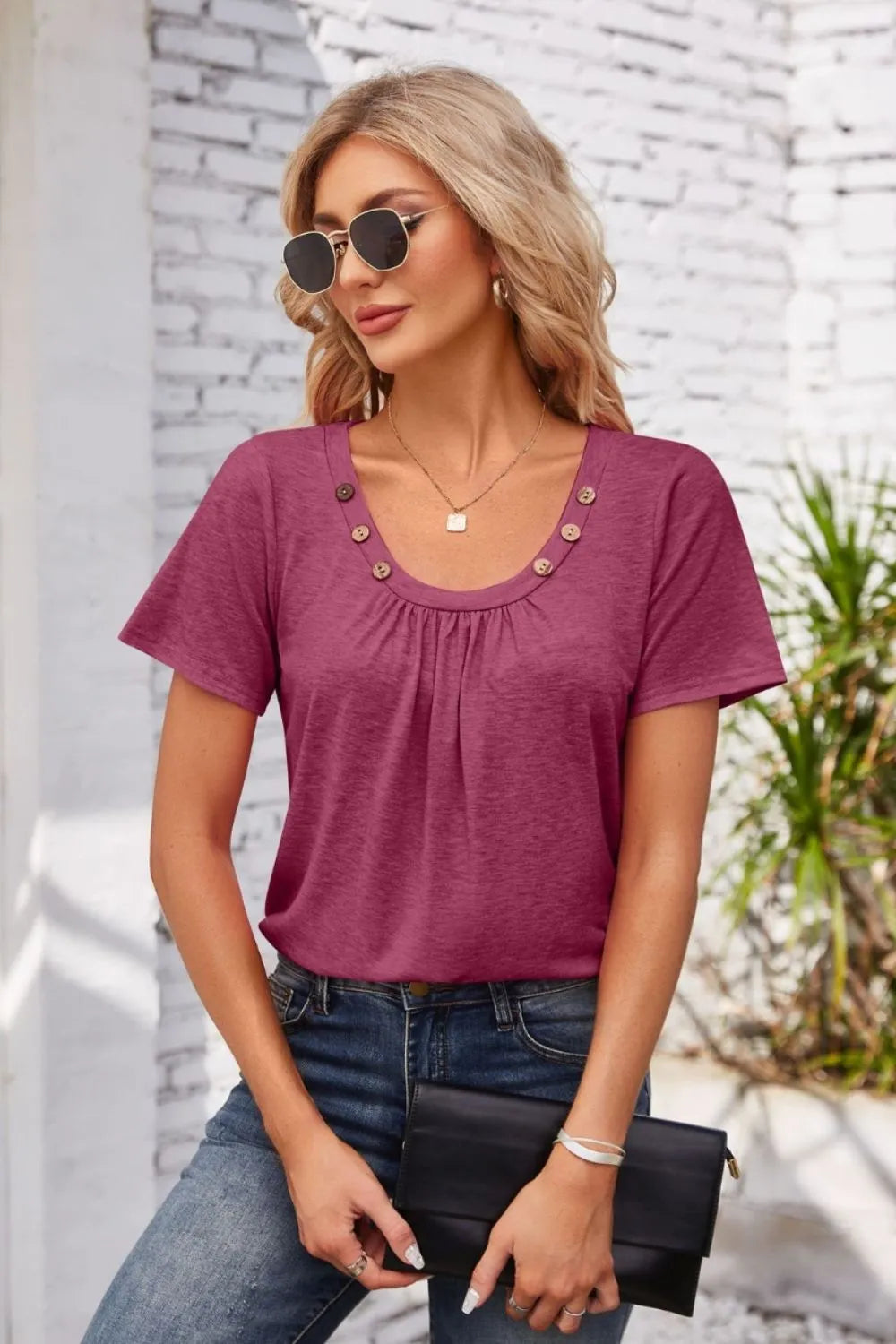 Decorative Button Scoop Neck T-Shirt – Trendsi | ClozArt