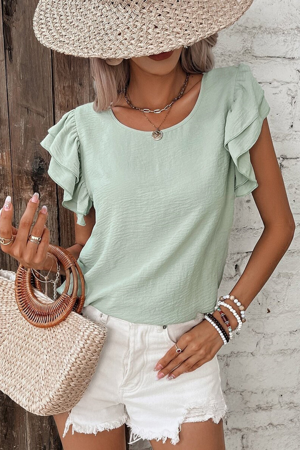 Mist Blue Solid Color Ruffle Sleeve Crinkled Blouse – Shewin | ClozArt