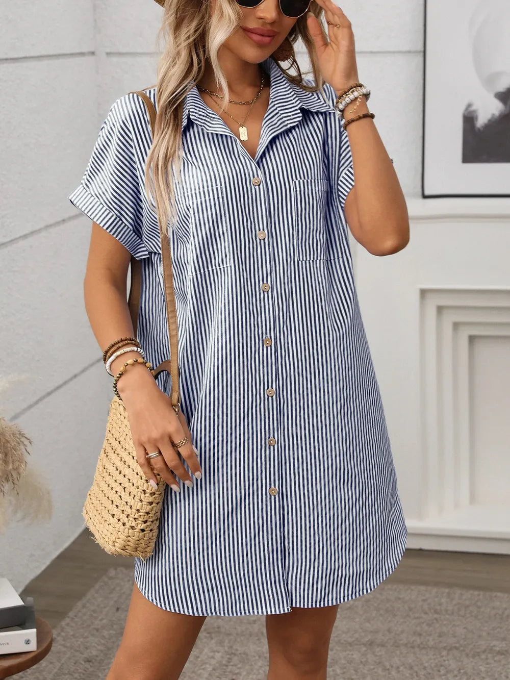 Striped Button Down Short Sleeve Mini Dress – Trendsi | ClozArt