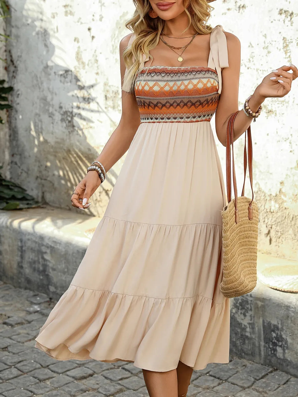 Tie Shoulder Square Neck Tiered Midi Dress – Trendsi | ClozArt