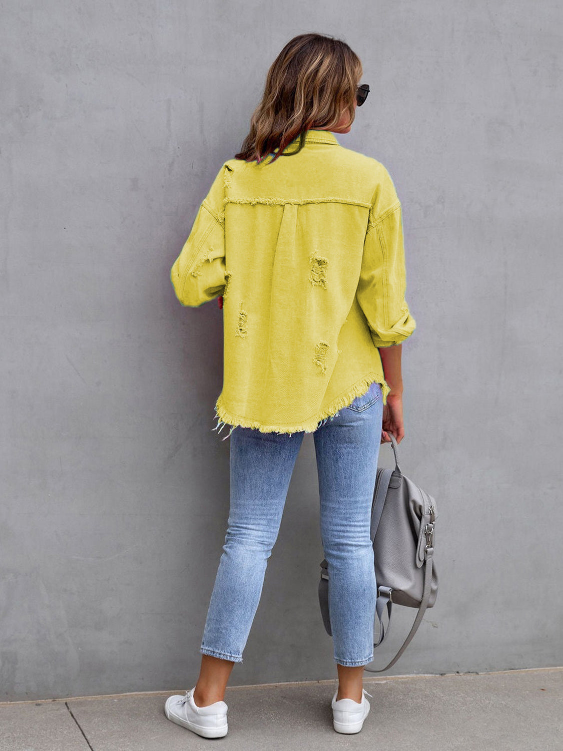 Distressed Drop Shoulder Denim Jacket – Trendsi | ClozArt