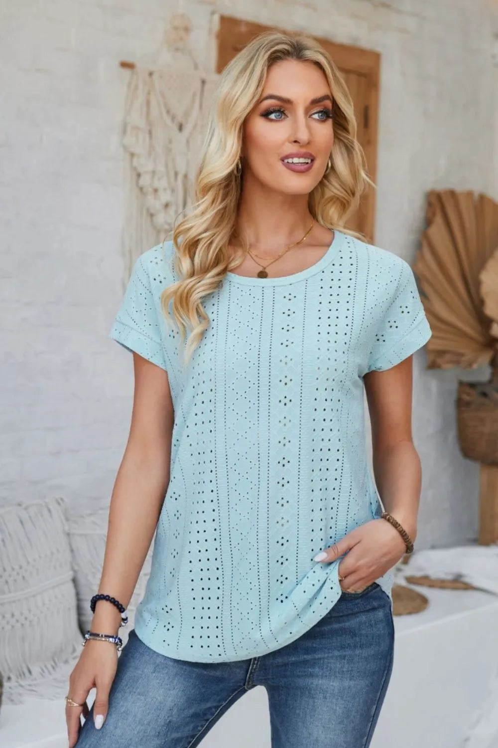 Eyelet Round Neck Rolled Short Sleeve T-Shirt – Trendsi | ClozArt