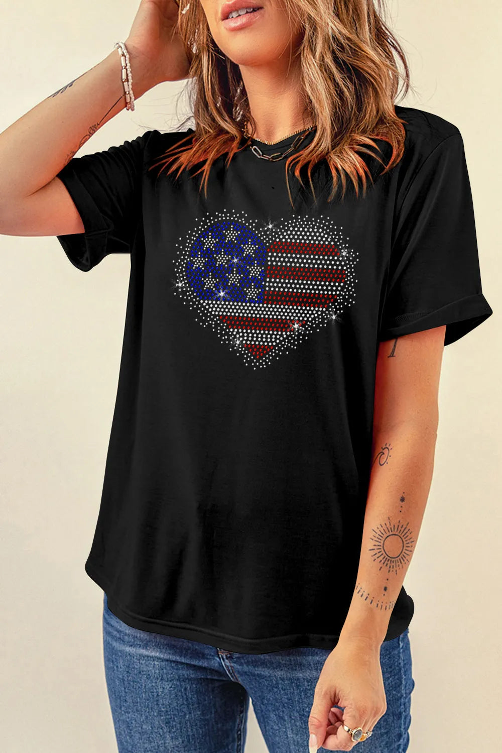 Rhinestone Heart Round Neck Short Sleeve T-Shirt – Trendsi | ClozArt