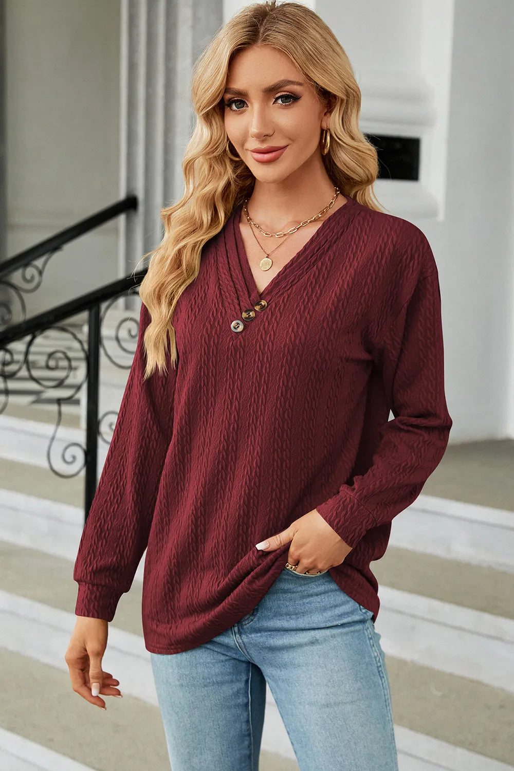 Decorative Button V-Neck Long Sleeve T-Shirt – Trendsi | ClozArt
