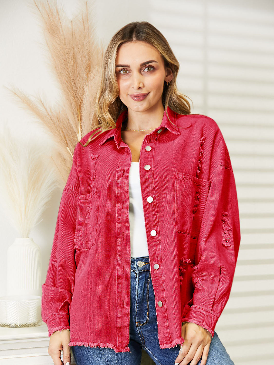 Distressed Raw Hem Denim Jacket – Trendsi | ClozArt