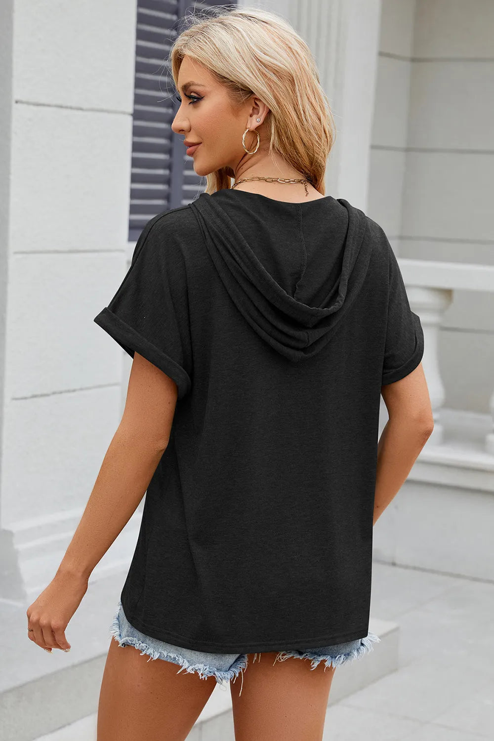 Half Button Drawstring Short Sleeve Hooded T-Shirt – Trendsi | ClozArt