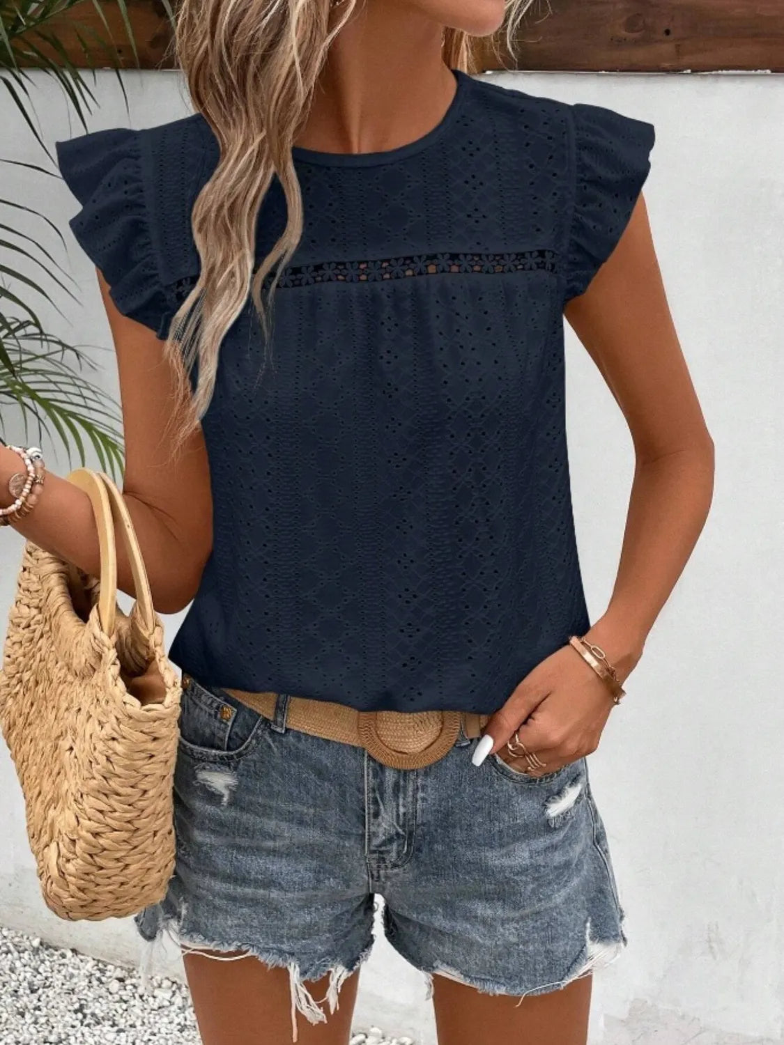 Eyelet Round Neck Cap Sleeve Top – Trendsi | ClozArt