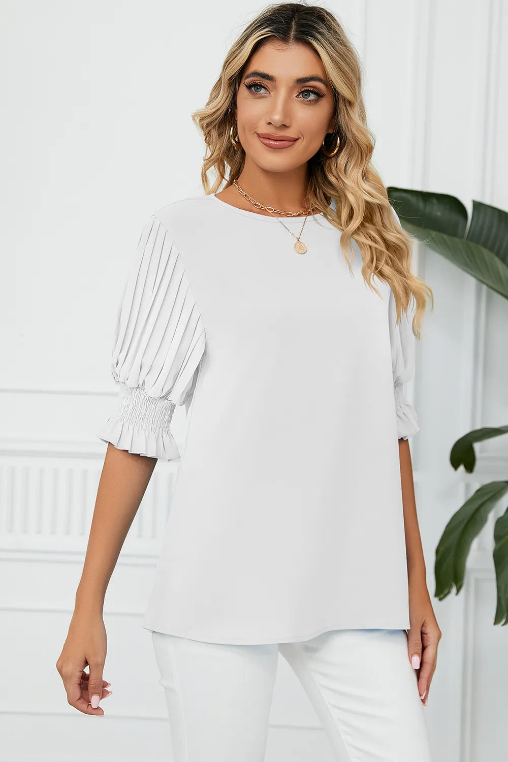 Frill Round Neck Lantern Sleeve T-Shirt – Trendsi | ClozArt