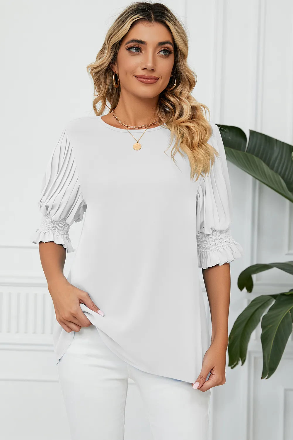 Frill Round Neck Lantern Sleeve T-Shirt – Trendsi | ClozArt