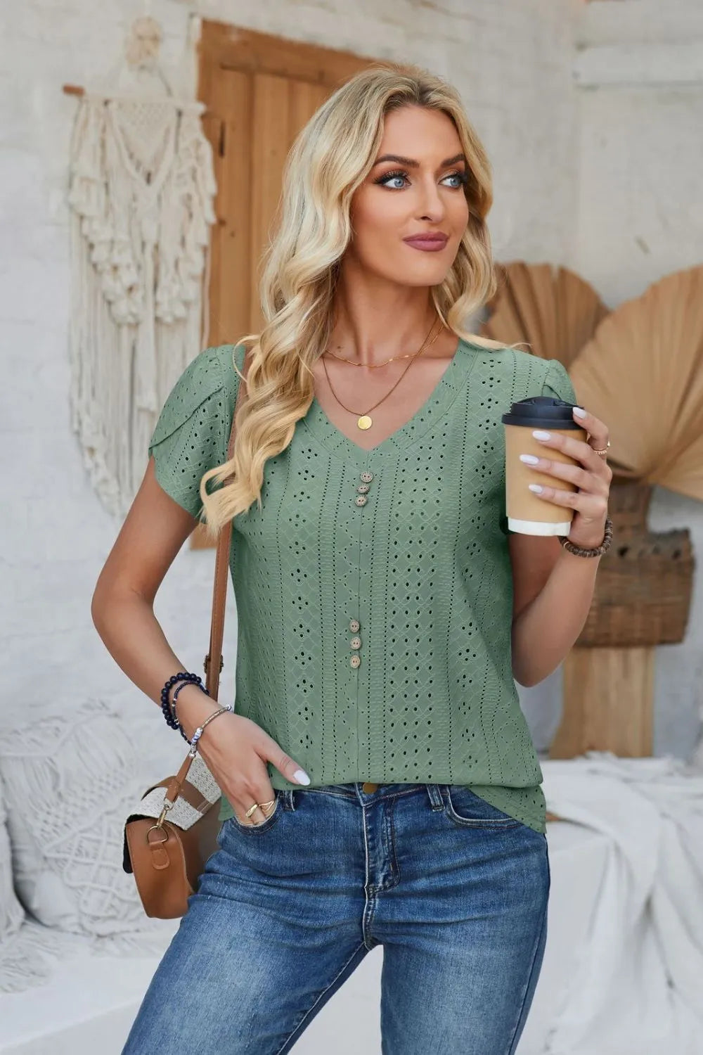 Decorative Button Eyelet V-Neck Short Sleeve T-Shirt – Trendsi | ClozArt
