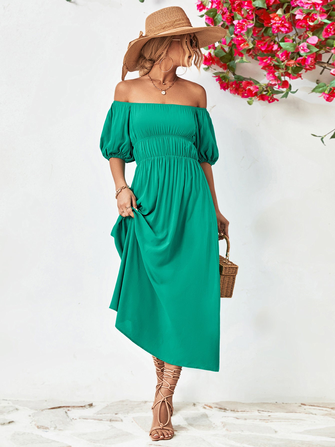 Off-Shoulder Balloon Sleeve Midi Dress – Trendsi | ClozArt
