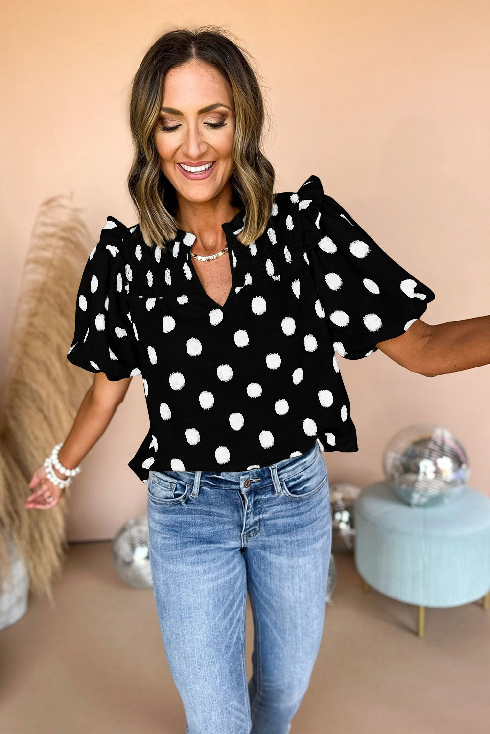 Black Polka Dot Print Smocked Notched Neck Balloon Sleeve Blouse – Shewin | ClozArt