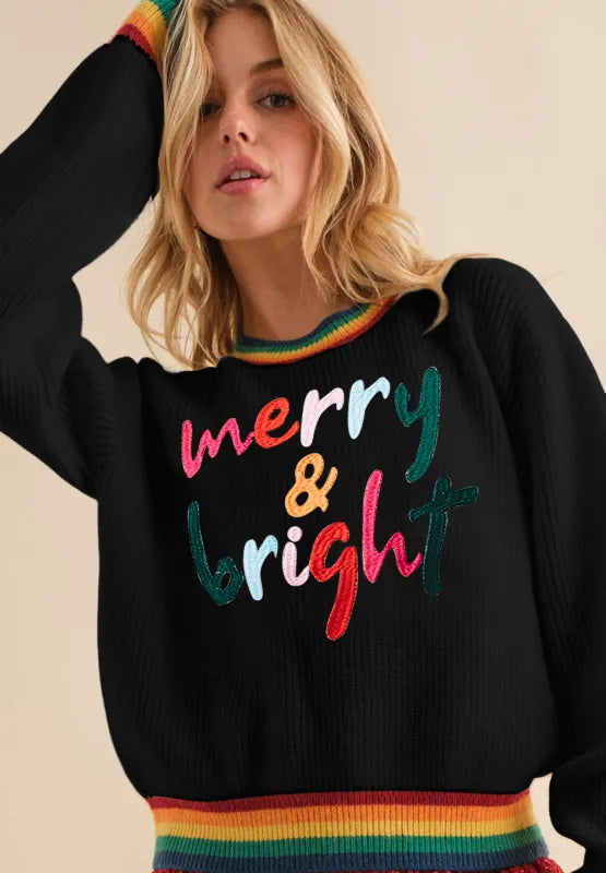 MERRY & BRIGHT Ribbed Round Neck Sweater – Trendsi | ClozArt
