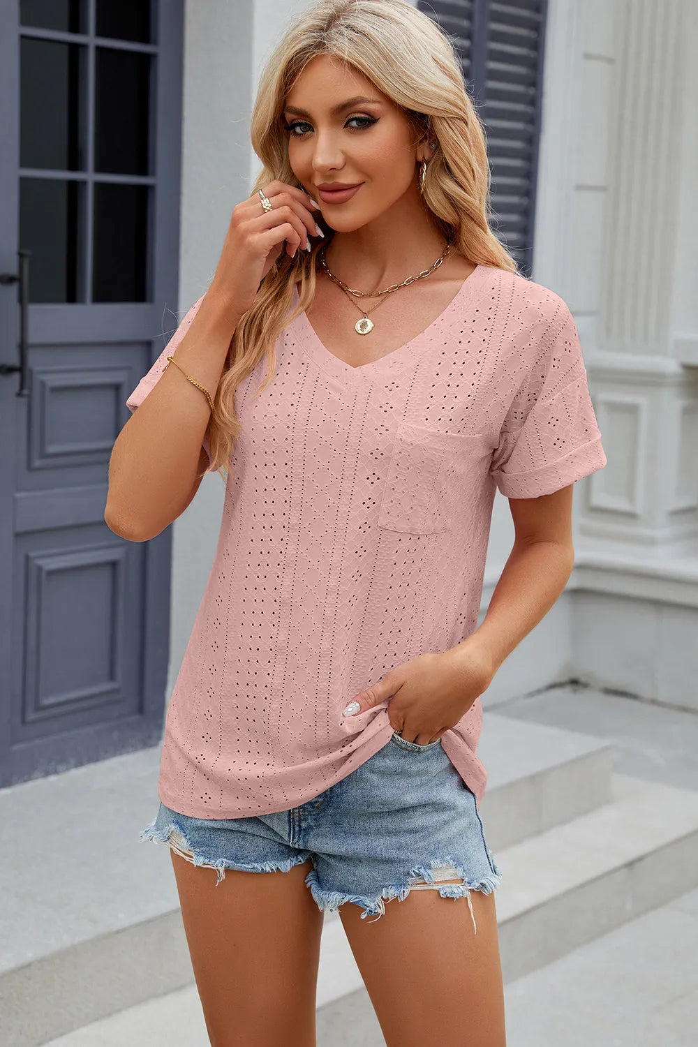 Eyelet V-Neck Short Sleeve T-Shirt – Trendsi | ClozArt