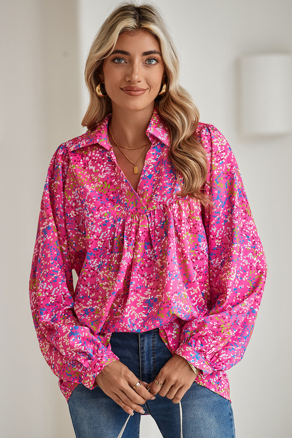 Orange Abstract Print Loose Fit Collared V Neck Babydoll Blouse – Shewin | ClozArt