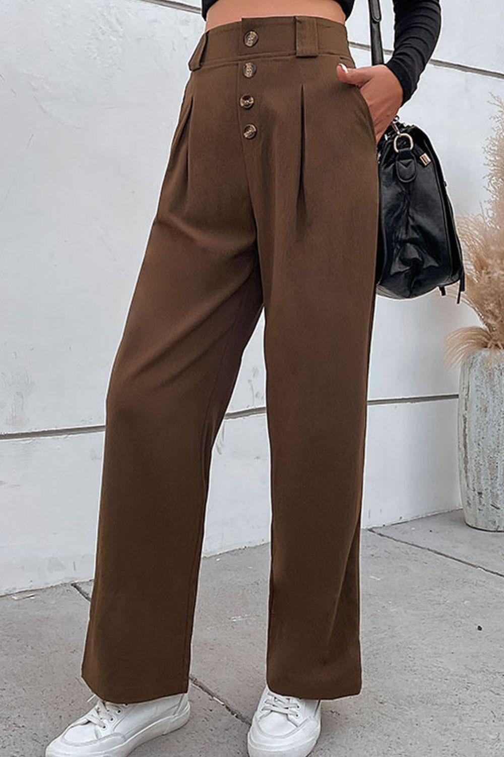 Perfee Button-Fly Pleated Waist Wide Leg Pants with Pockets – Trendsi | ClozArt