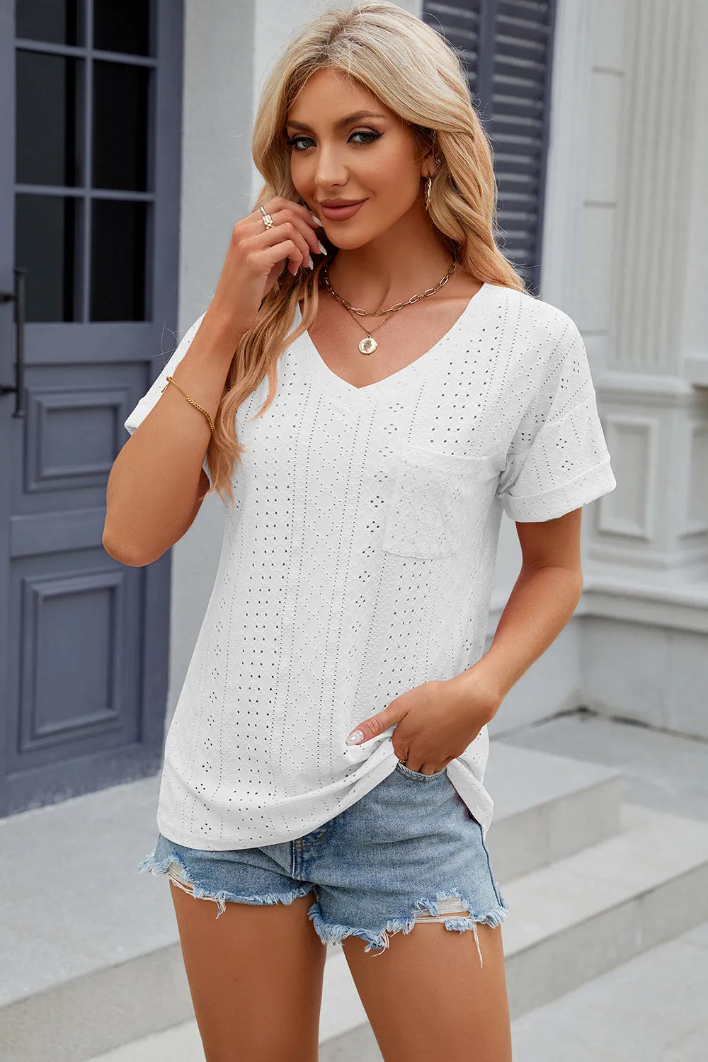 Eyelet V-Neck Short Sleeve T-Shirt – Trendsi | ClozArt