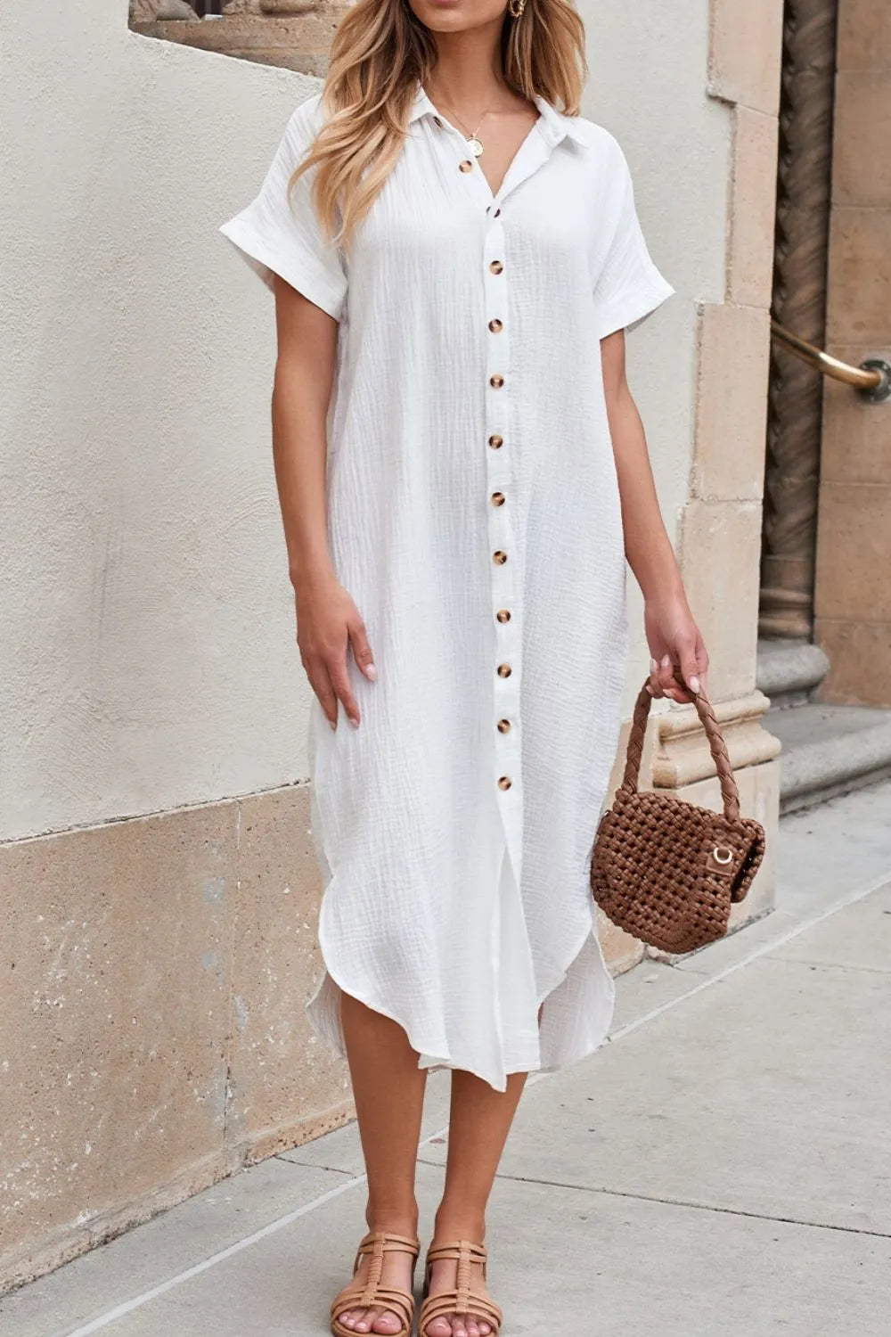 Button Down Short Sleeve Midi Shirt Dress – Trendsi | ClozArt