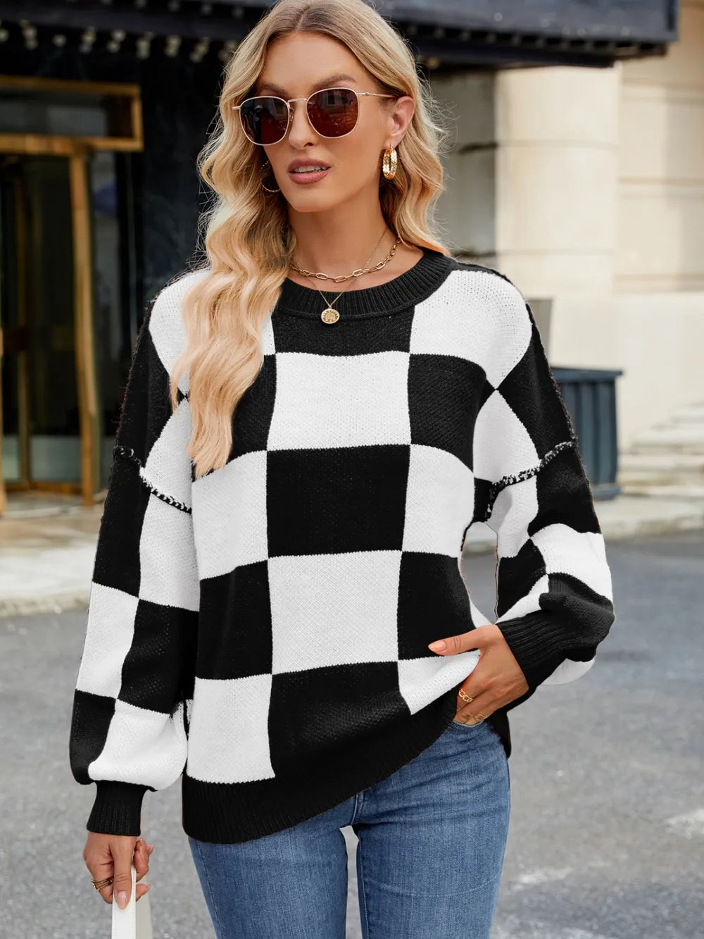 Checkered Round Neck Long Sleeve Sweater – Trendsi | ClozArt