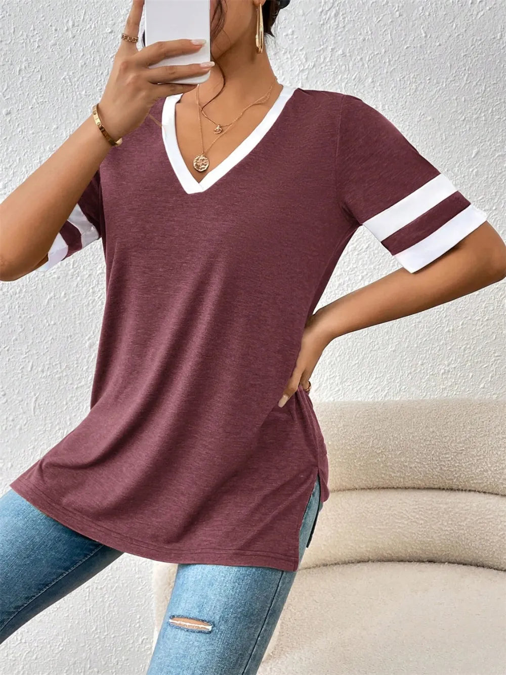 Contrast Trim V-Neck Short Sleeve T-Shirt – Trendsi | ClozArt