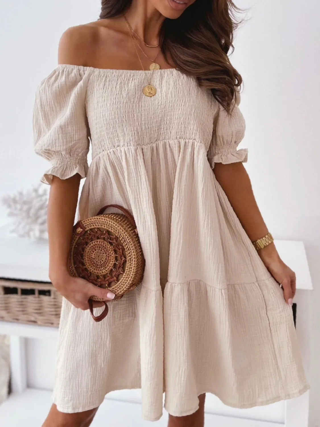 Smocked Off-Shoulder Mini Dress – Trendsi | ClozArt