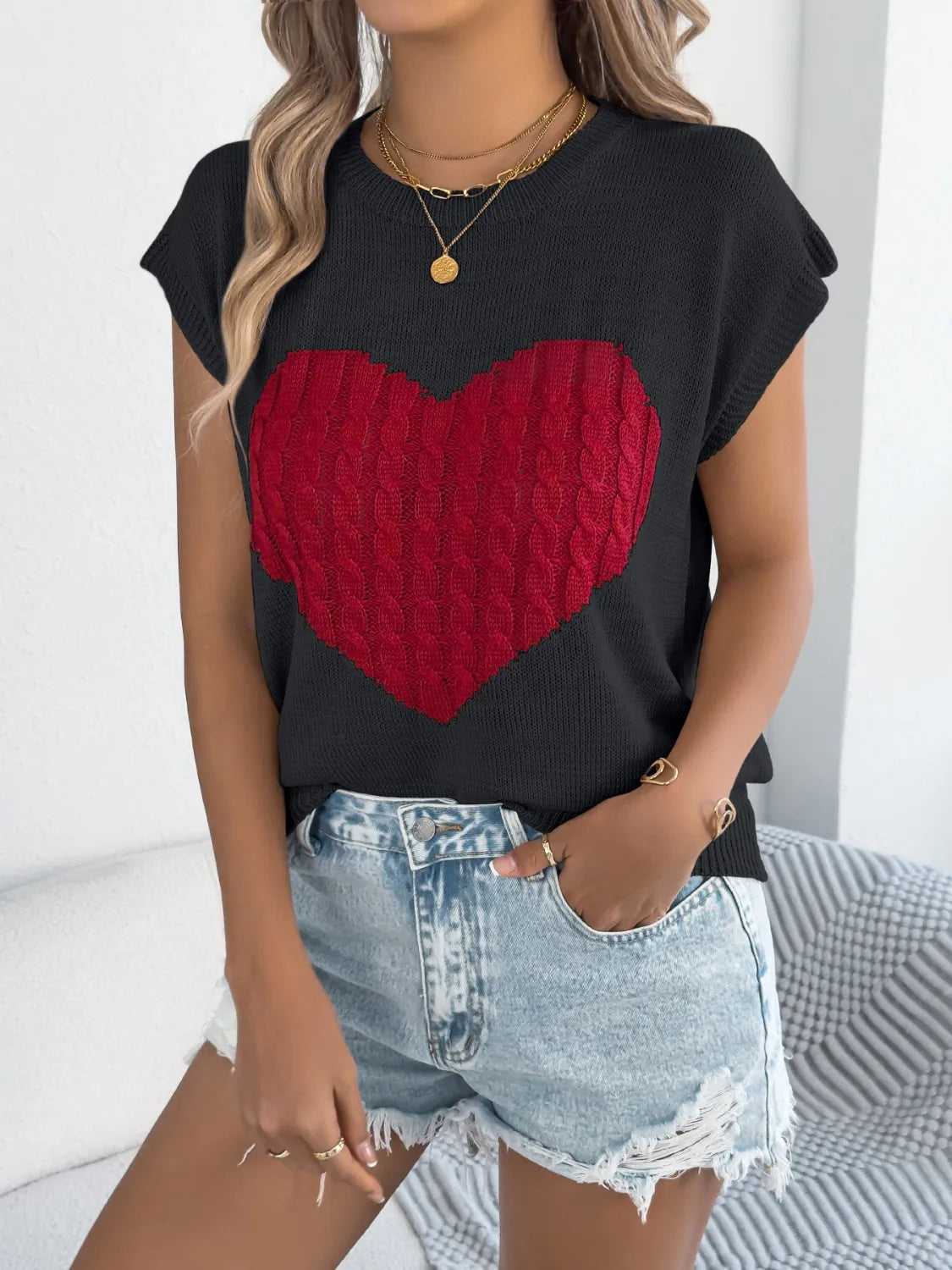 Cable Knit Heart Round Neck Cap Sleeve Knit Top – Trendsi | ClozArt