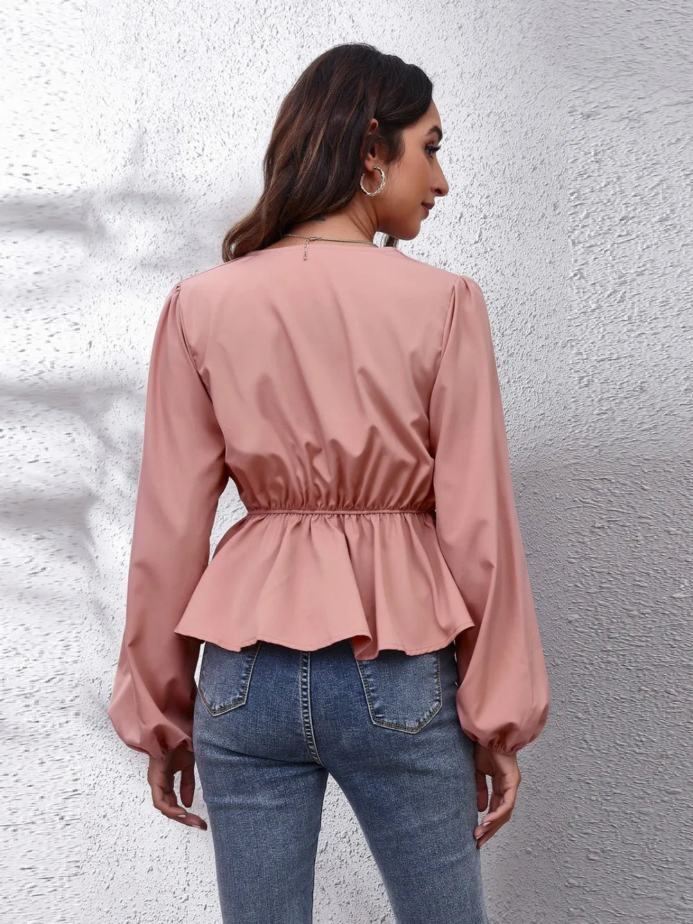 V-Neck Balloon Sleeve Peplum Blouse – Trendsi | ClozArt