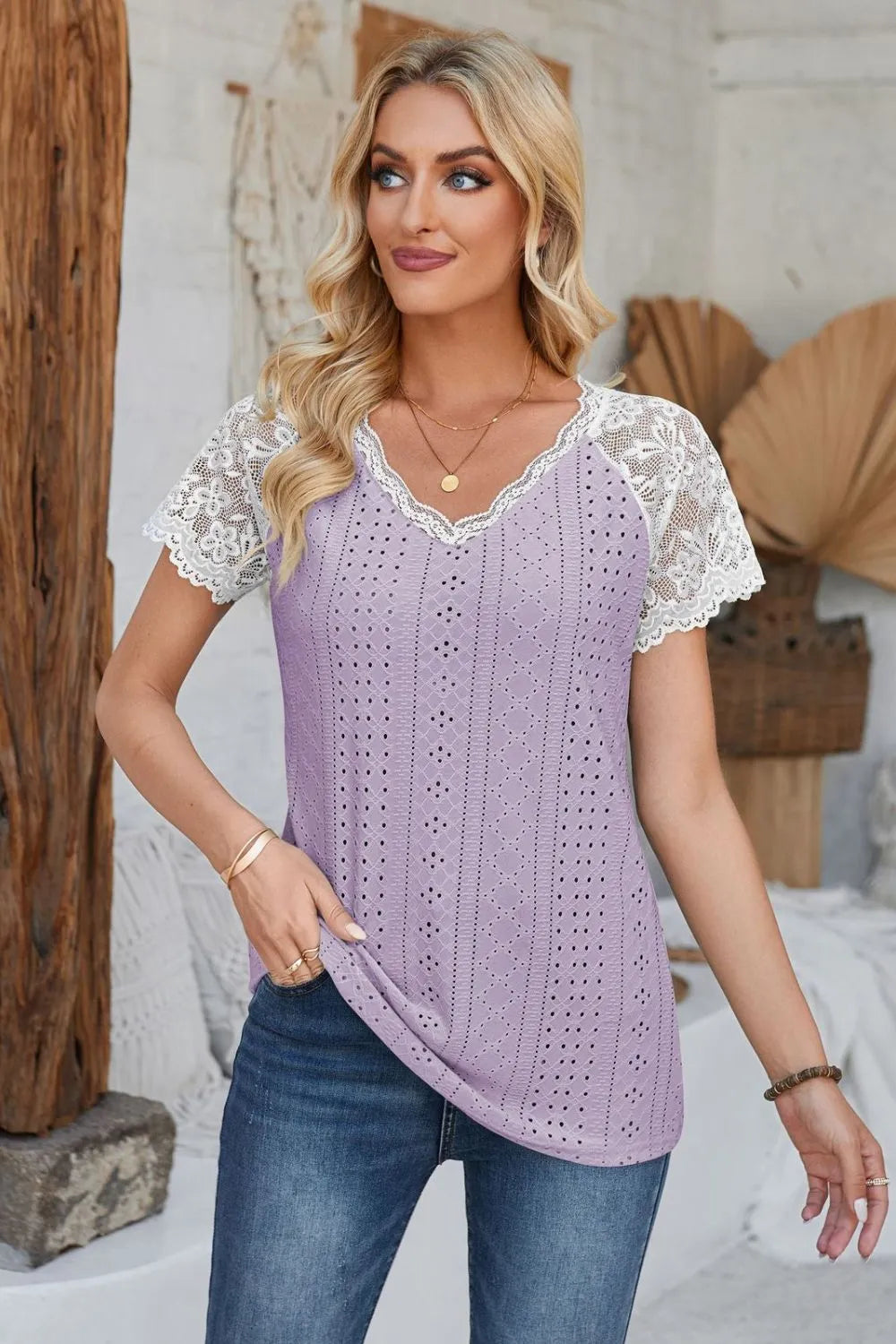 Eyelet V-Neck Lace Short Sleeve T-Shirt – Trendsi | ClozArt