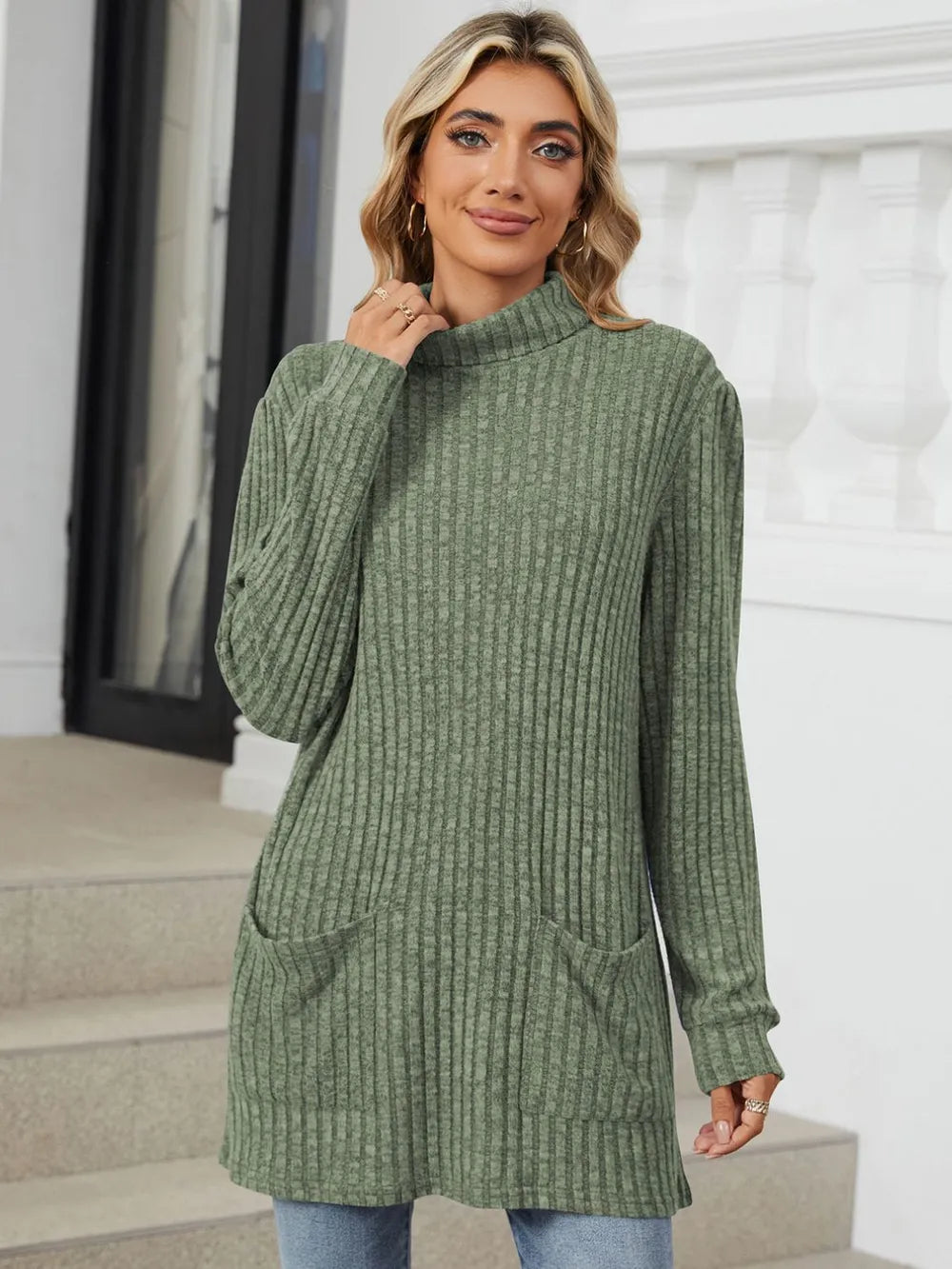 Ribbed Mock Neck Long Sleeve T-Shirt – Trendsi | ClozArt