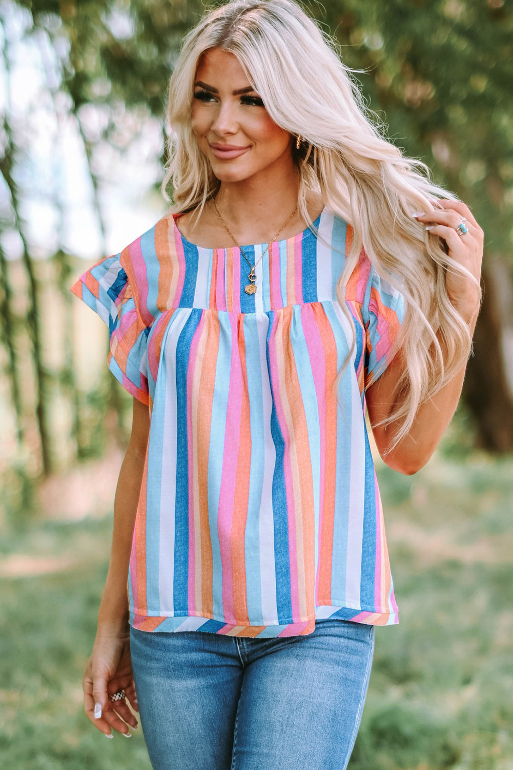 Multicolored Stripe Flutter Sleeve Blouse – Trendsi | ClozArt