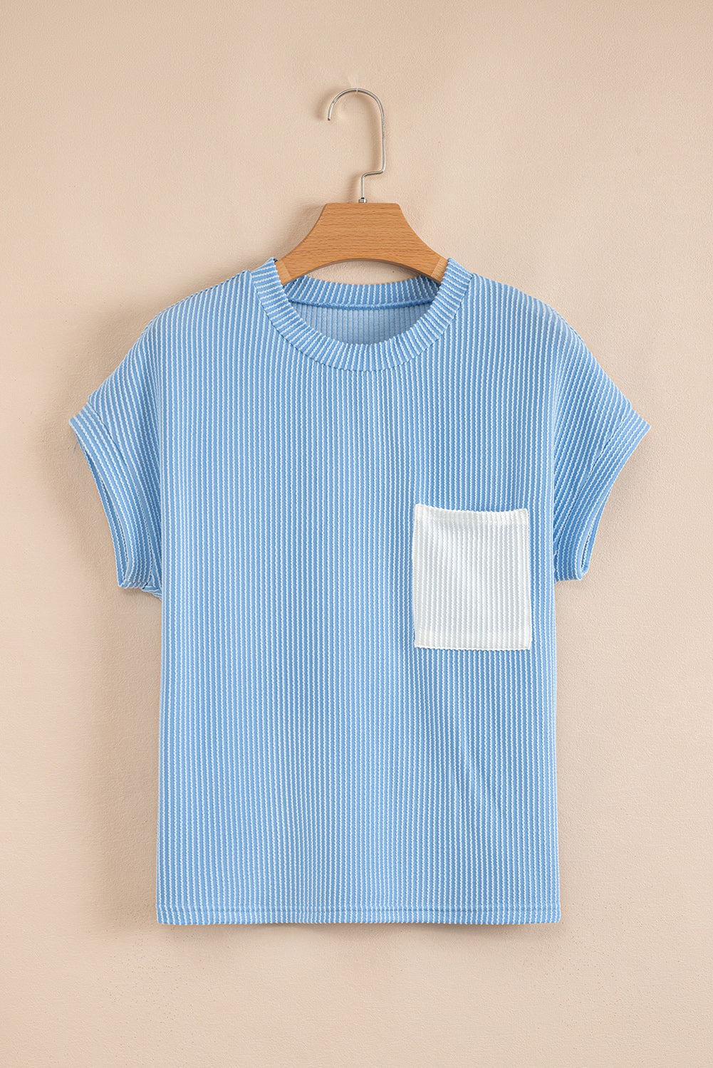 Pink Corded Colorblock Pocket Crew Neck T Shirt – Shewin | ClozArt