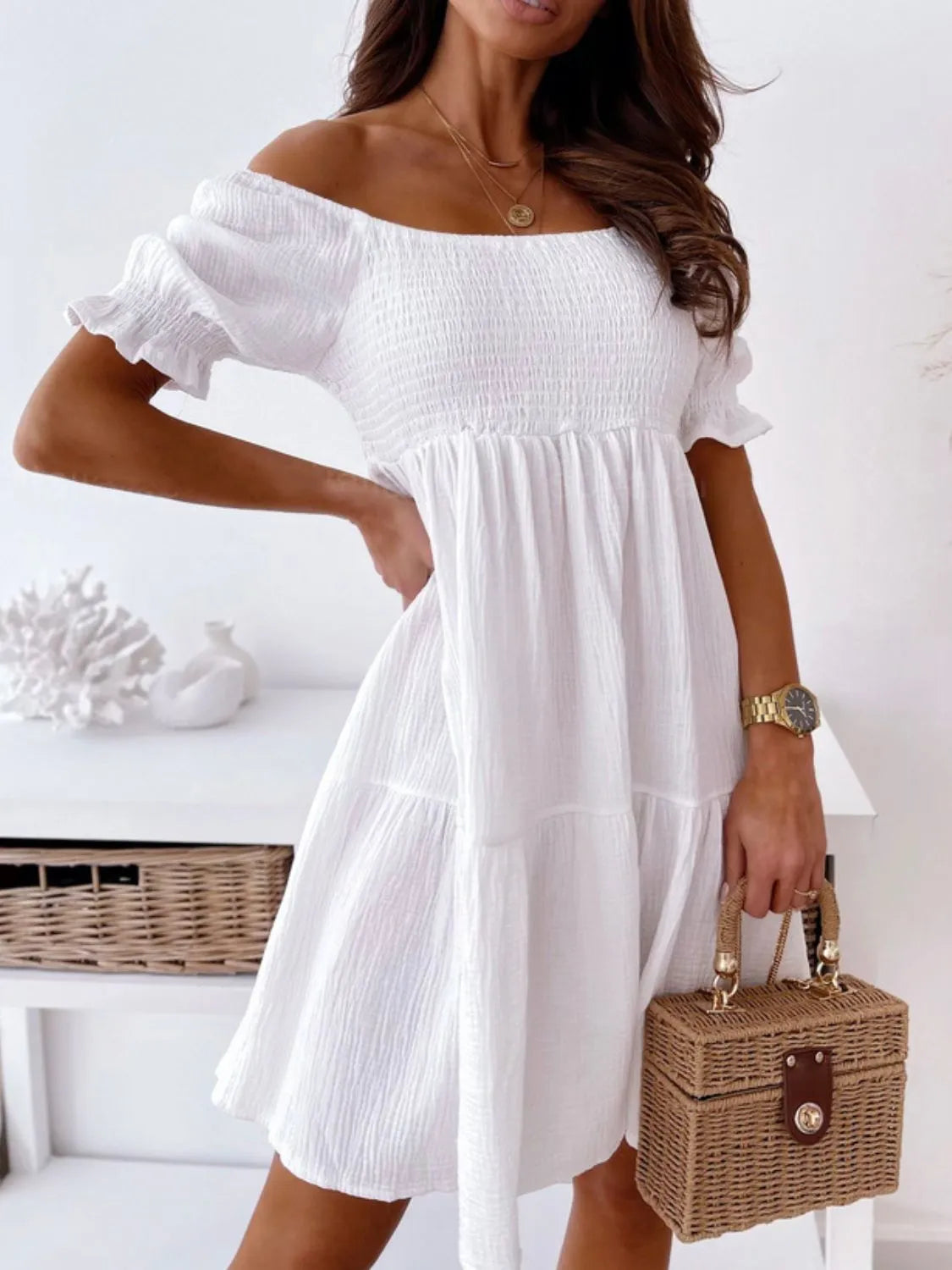 Smocked Off-Shoulder Mini Dress – Trendsi | ClozArt
