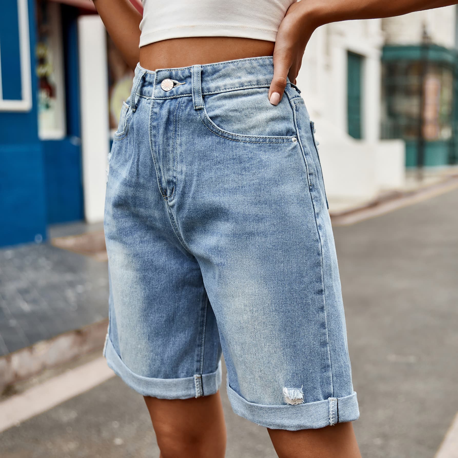 Distressed Buttoned Denim Shorts with Pockets – Trendsi | ClozArt