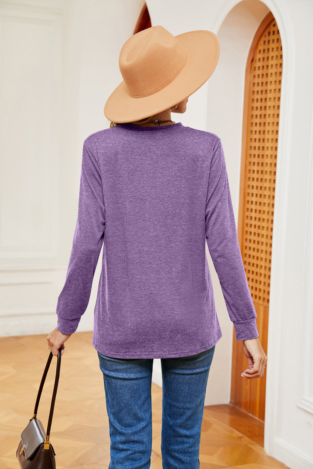 Buttoned Notched Neck Long Sleeve Top – Trendsi | ClozArt
