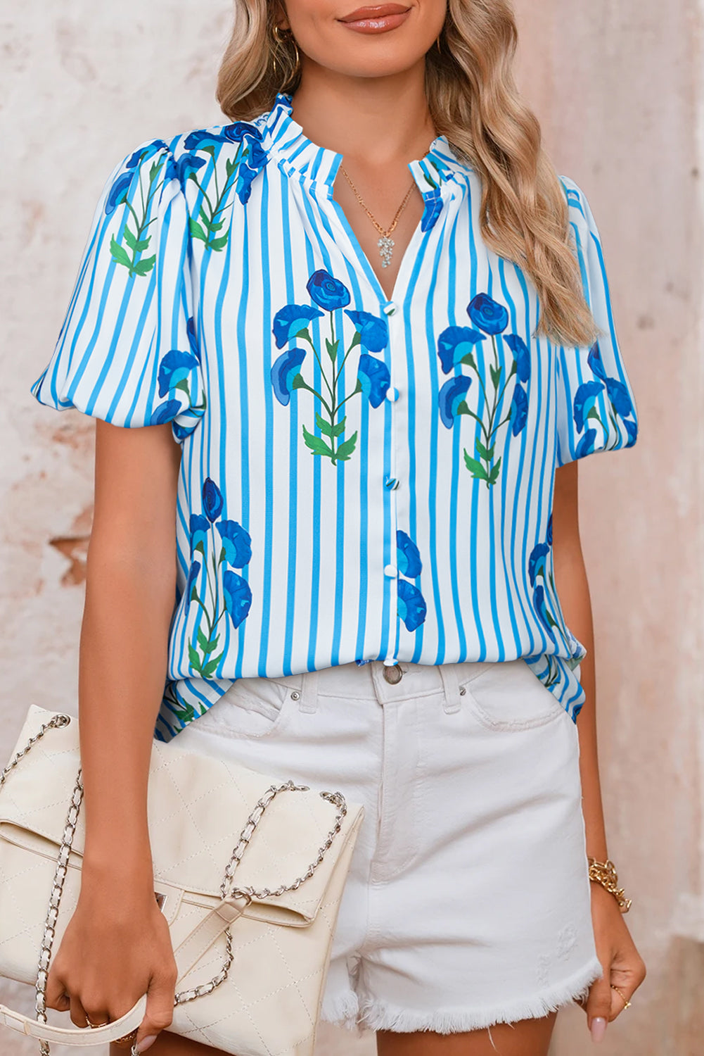 Sky Blue Stripe Boho Floral Print Frill V Neck Puff Sleeve Blouse – Shewin | ClozArt