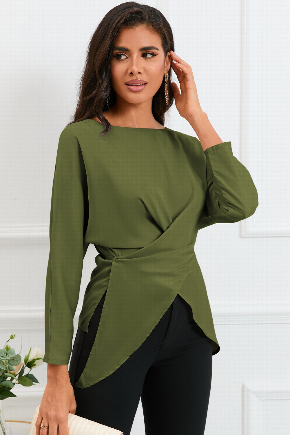 Boat Neck Back Tie Long Sleeve Satin Blouse – Trendsi | ClozArt