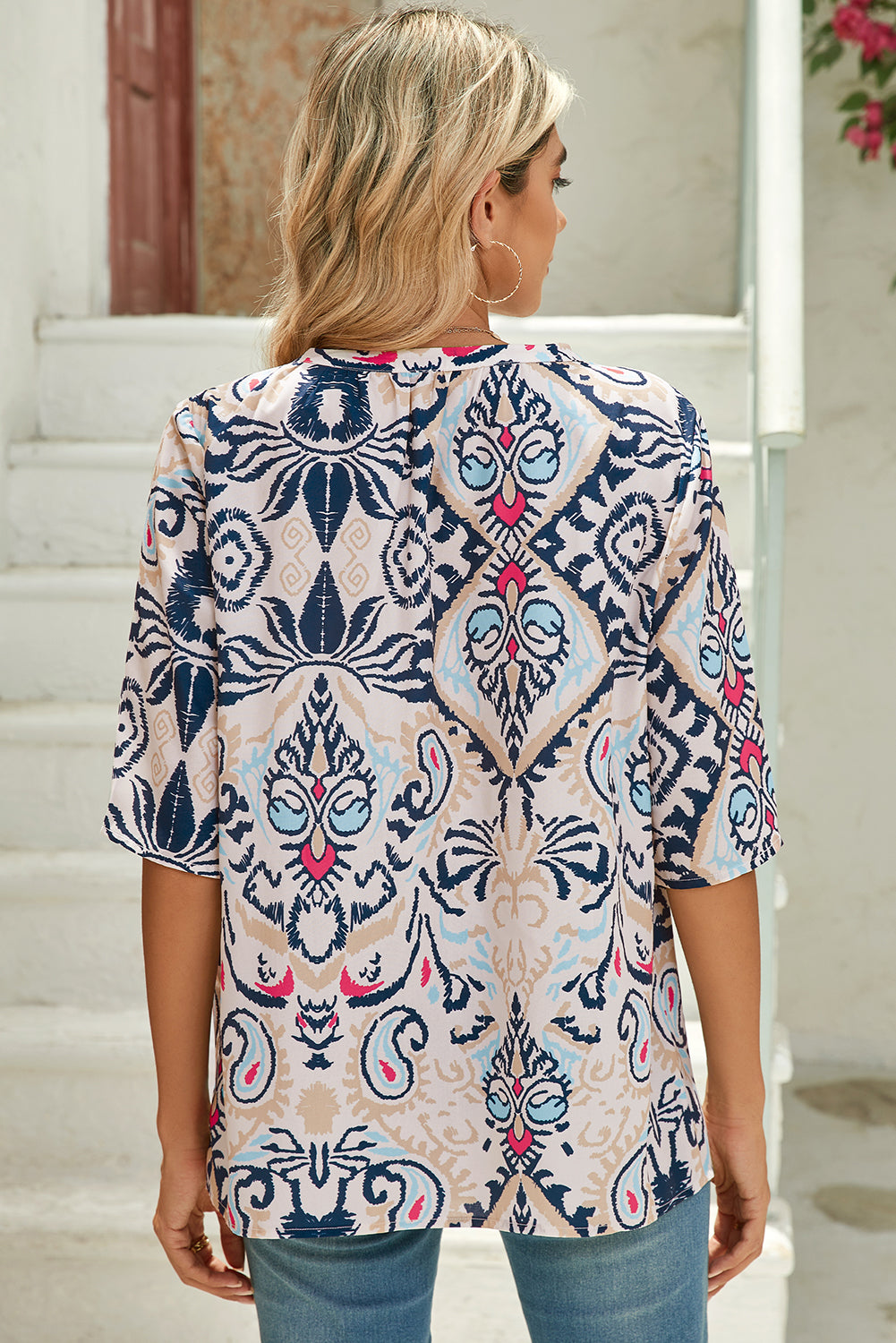 White Abstract Print V-Neck Half Tulip Sleeve Blouse – Shewin | ClozArt