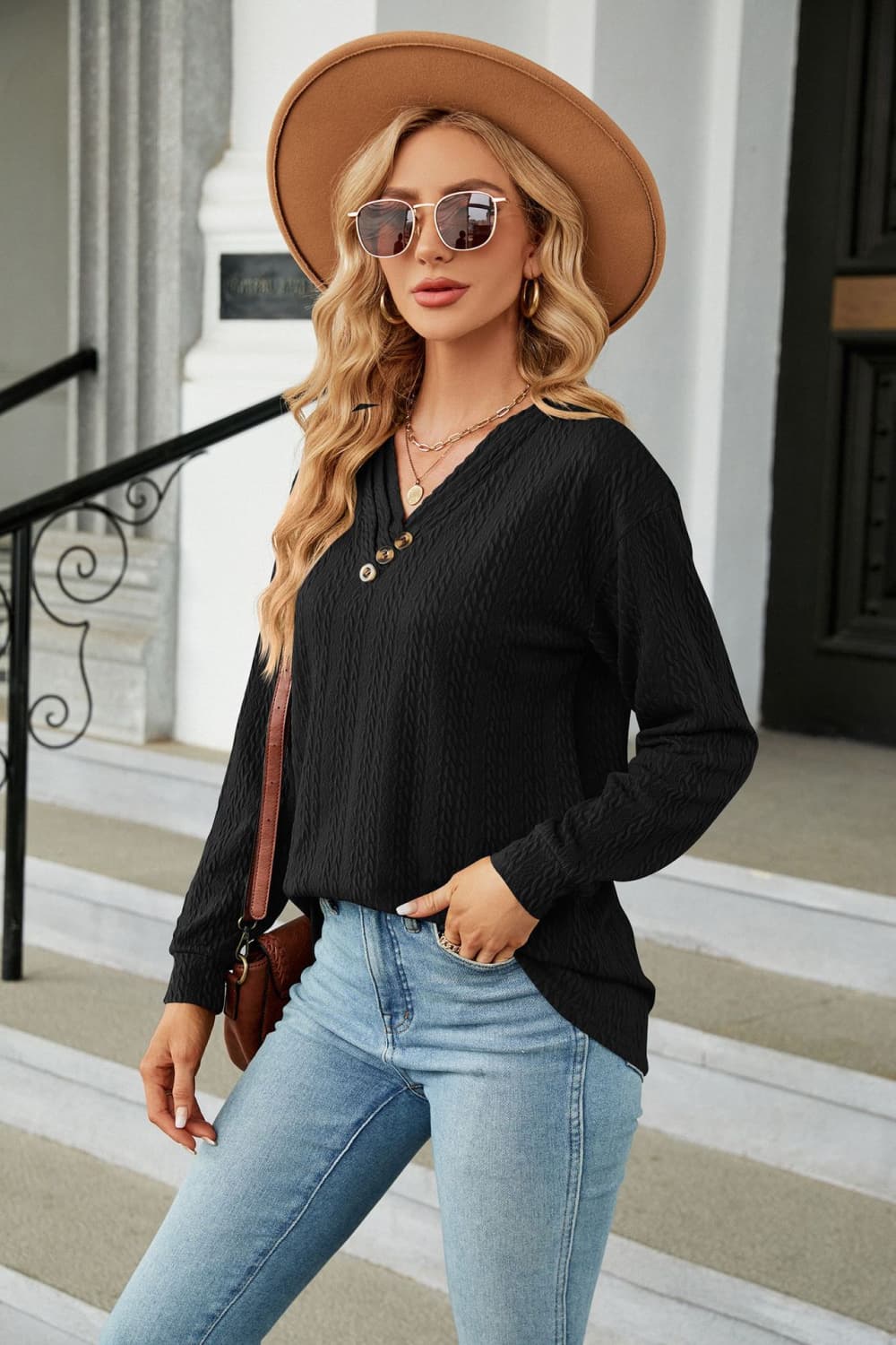 Decorative Button V-Neck Long Sleeve T-Shirt – Trendsi | ClozArt