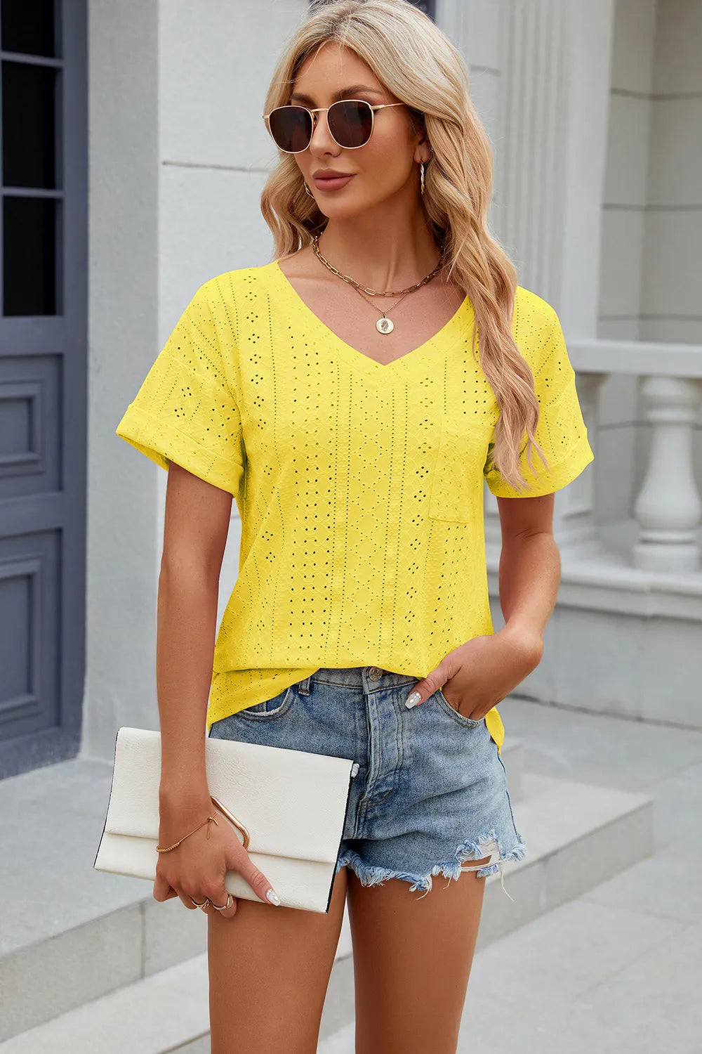 Eyelet V-Neck Short Sleeve T-Shirt – Trendsi | ClozArt