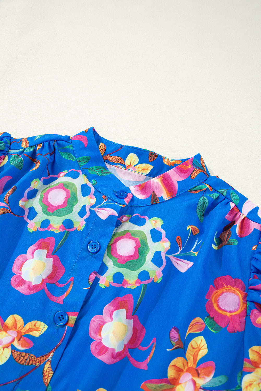 Blue Puff Sleeve Button Up Boho Floral Shirt – Shewin | ClozArt