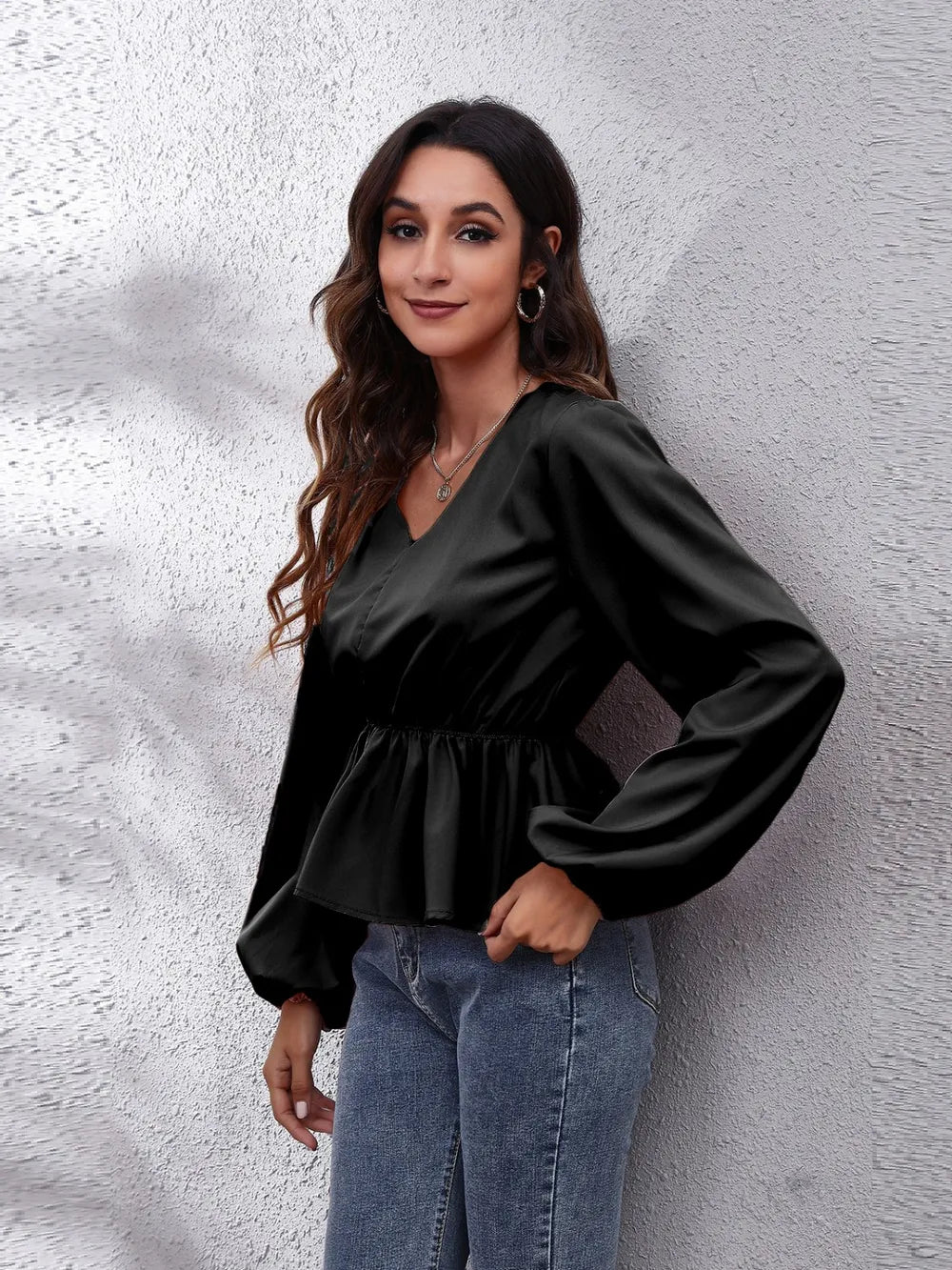 V-Neck Balloon Sleeve Peplum Blouse – Trendsi | ClozArt