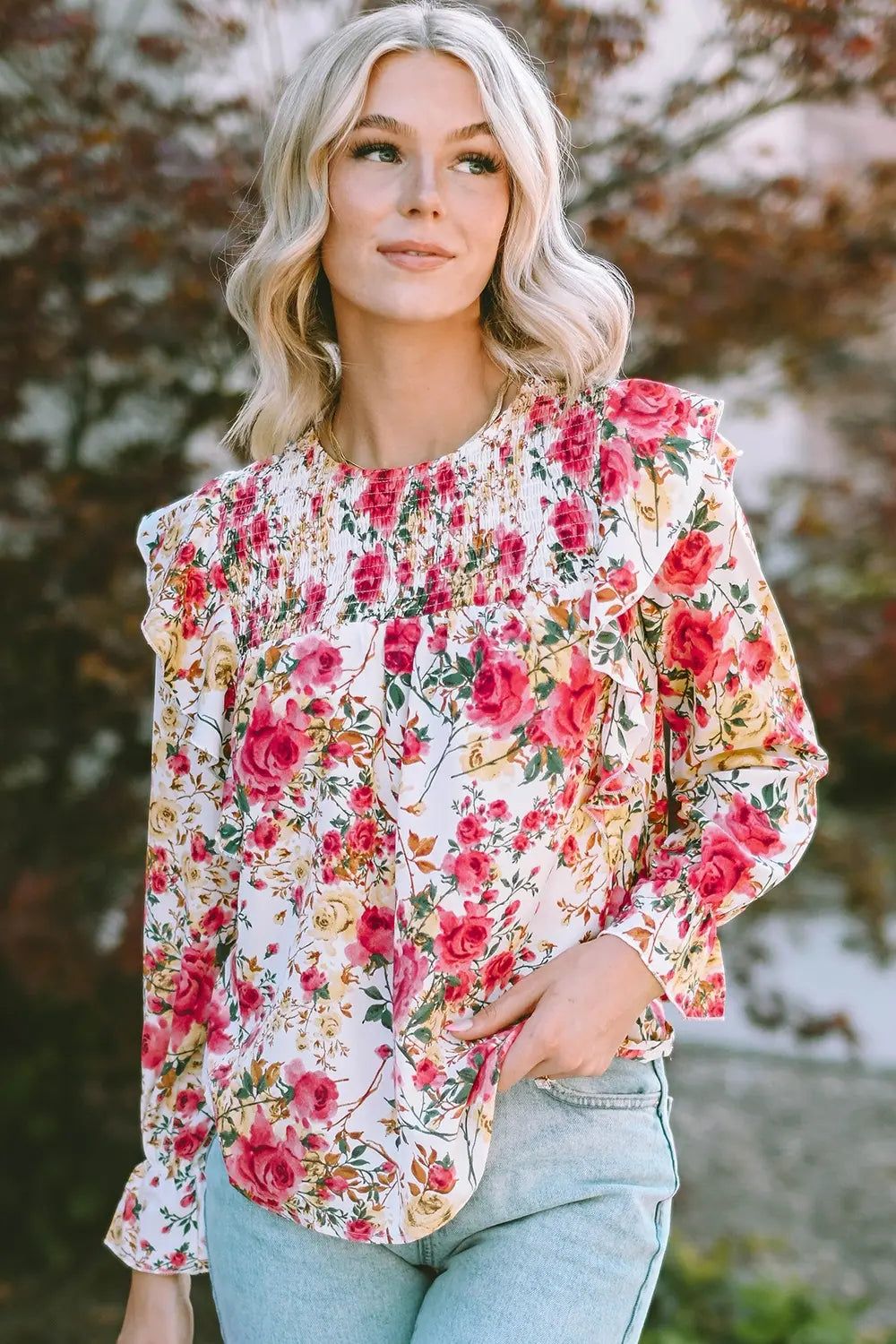 Floral Round Neck Smocked Blouse – Trendsi | ClozArt