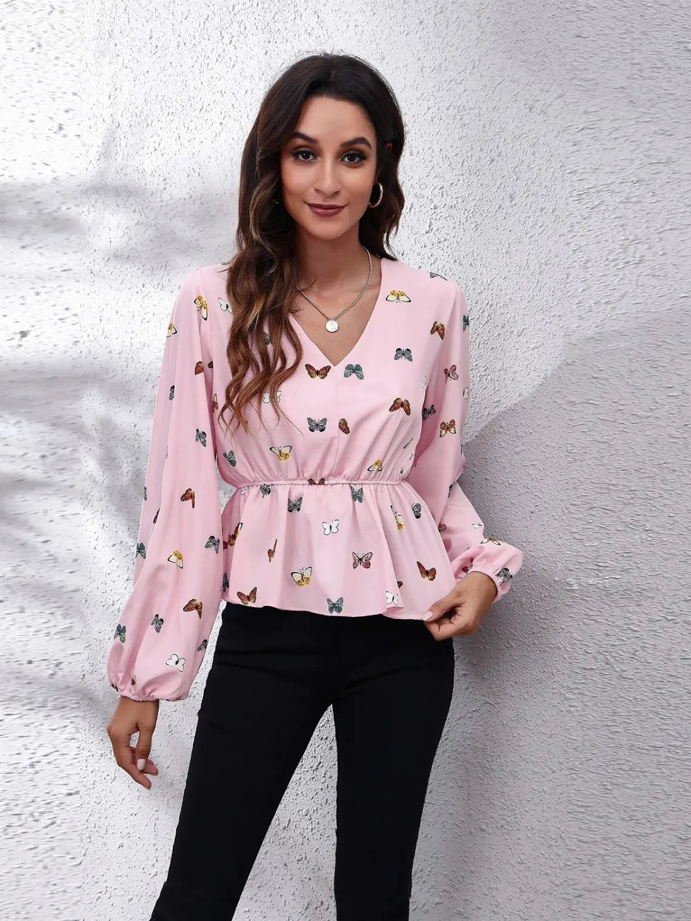 Butterfly V-Neck Balloon Sleeve Peplum Blouse – Trendsi | ClozArt