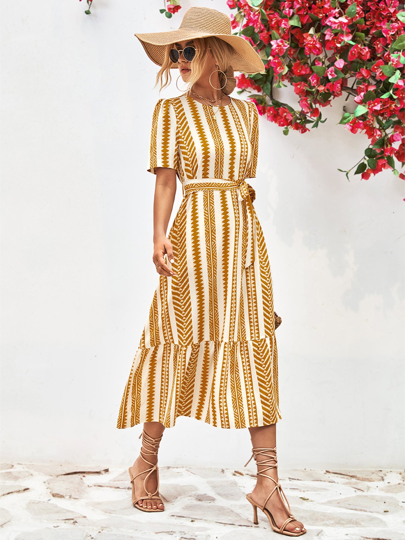 Striped Tie Belt Round Neck Puff Sleeve Dress – Trendsi | ClozArt