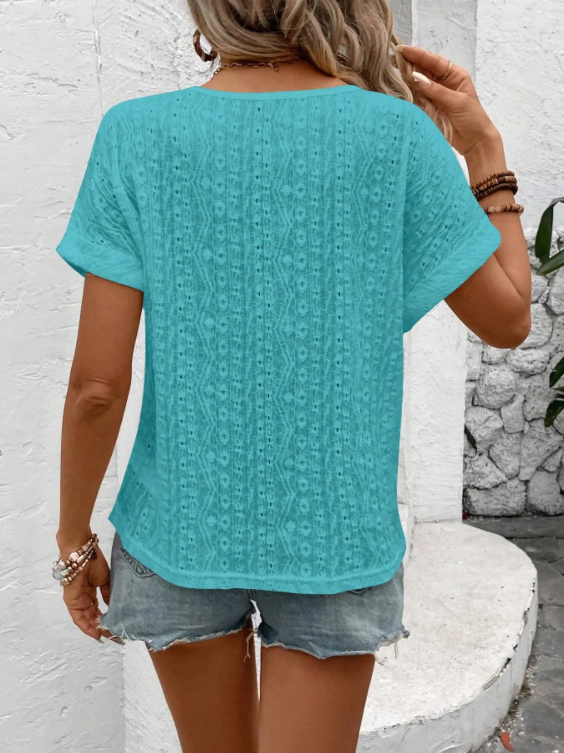 Eyelet Round Neck Short Sleeve Top – Trendsi | ClozArt