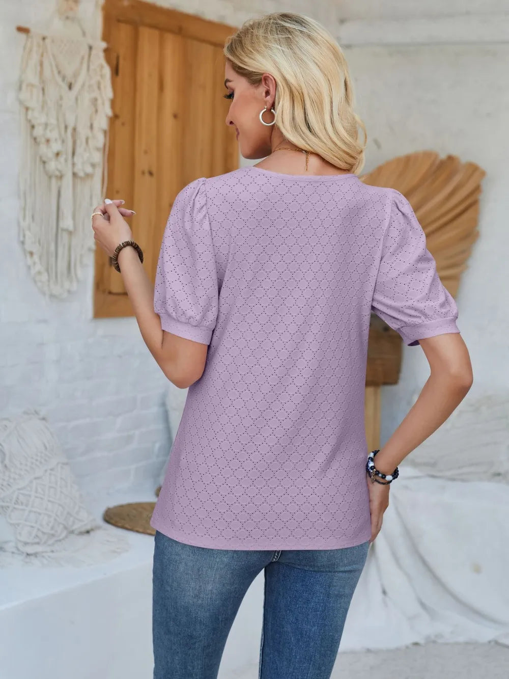 Eyelet Asymmetrical Neck Short Sleeve T-Shirt – Trendsi | ClozArt