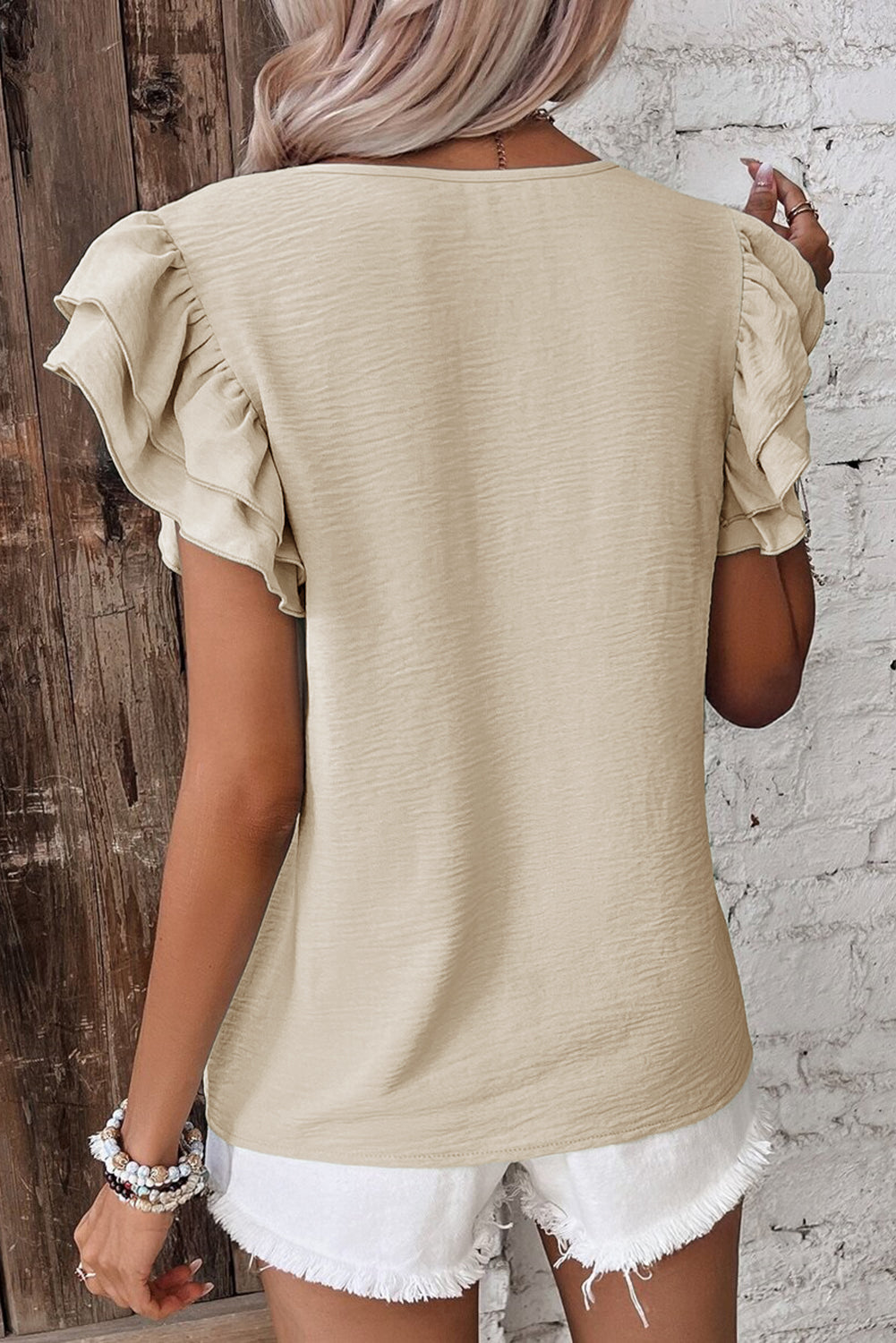 Mist Blue Solid Color Ruffle Sleeve Crinkled Blouse – Shewin | ClozArt